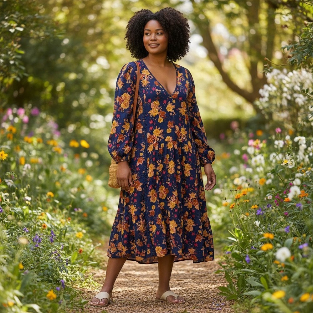 Rusttydustty Floral Babydoll Dress 3XL Navy Blue Excellent Boho Crochet V-Neck